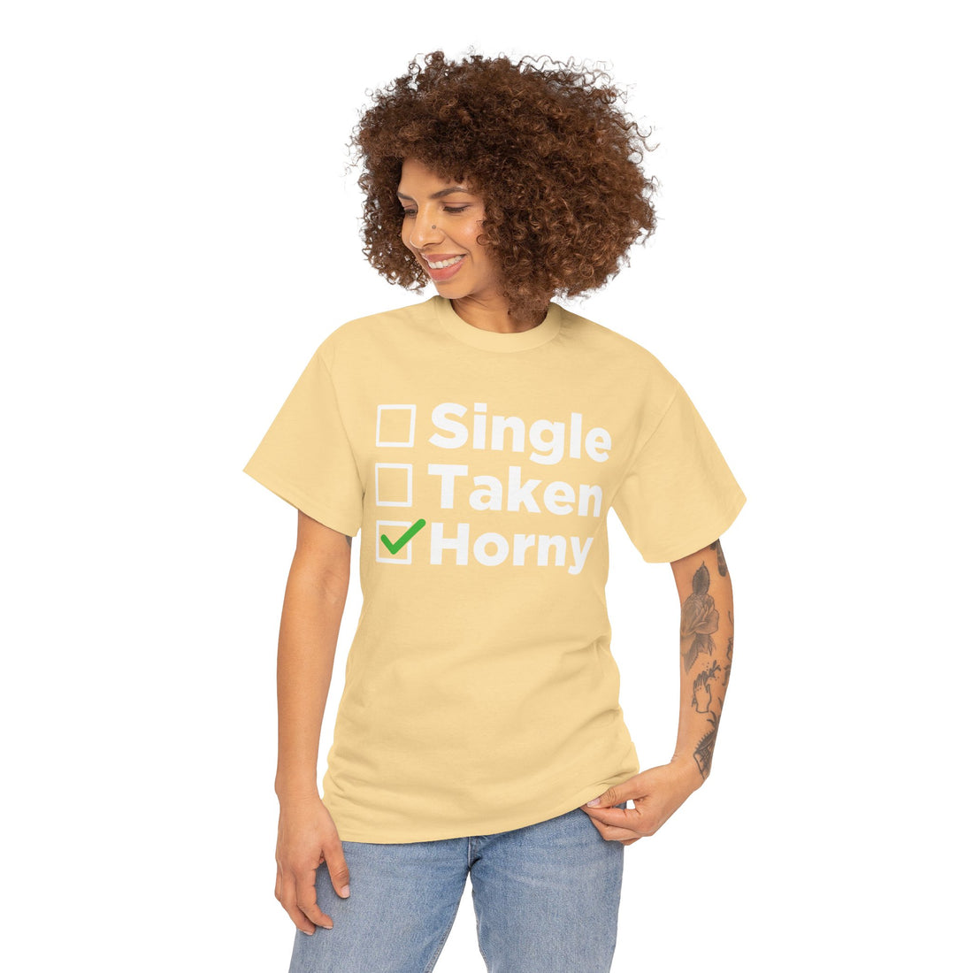 Single Taken Horny Unisex Heavy Cotton Tee